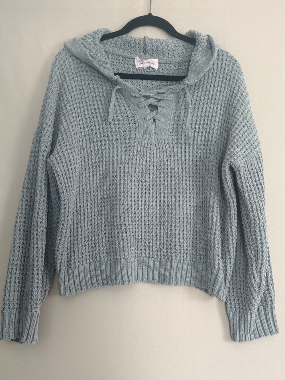 Light Blue Lace-Up Hooded Knit Pullover Sweater